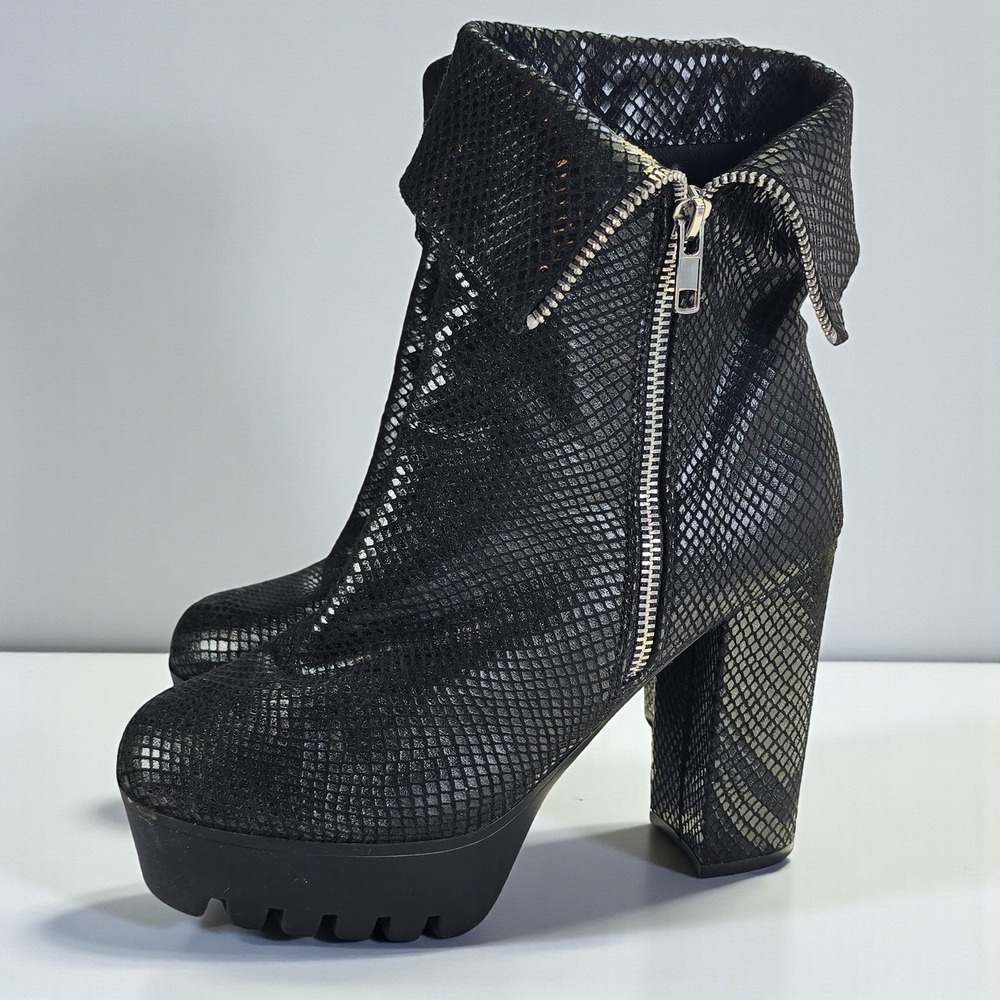 Black Faux Snakeskin Platform Chunky Heel Zipper Ankle Boots Women's Size‎ 8M
